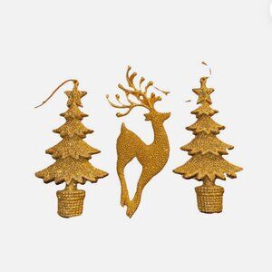 🦌 7" Gold Reindeer & Trees Christmas Ornaments | Set of 3 | Kurt Adler